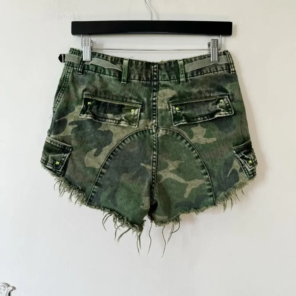 Free People We The Free Green Camo Commander Cut Off Denim Shorts 2 - Picture 5 of 9